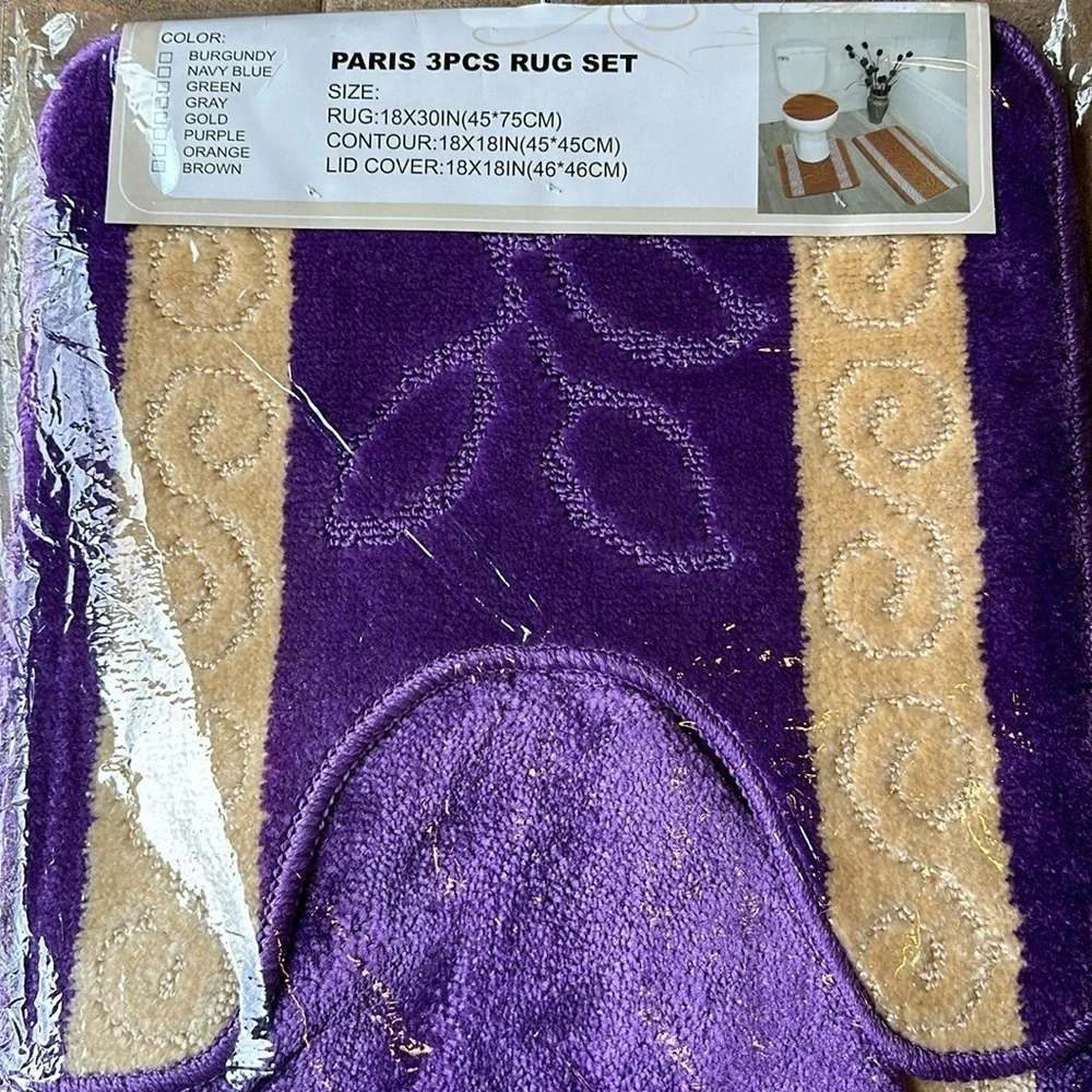 Purple 3pc Bathmat Set Non-Slip Absorbent mat and contour rugs, Toilet Lid Cover